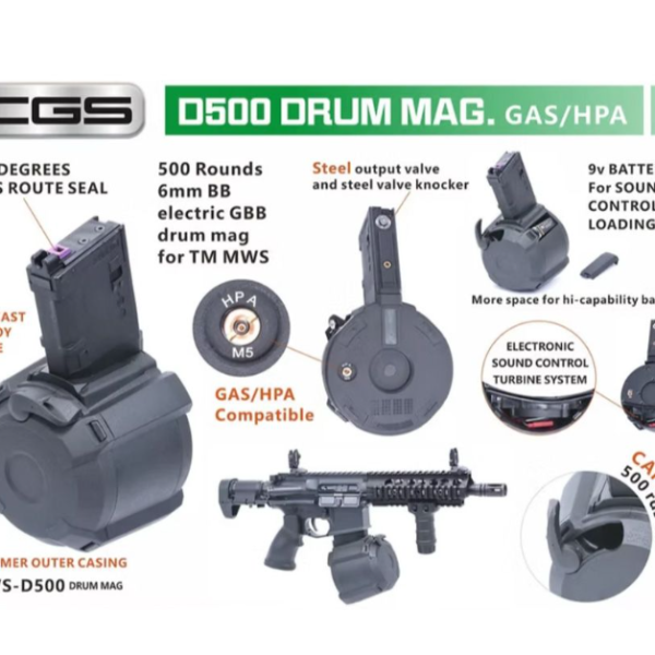 Încărcător airsoft GBBR drum 500 bile CYMA MWS D500 pentru M4 TM MWS / CGS – Green Gas / HPA